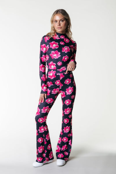 Colourful Rebel Poppy Flower Peached Extra Flare Pants | Bright pink 8720867043218