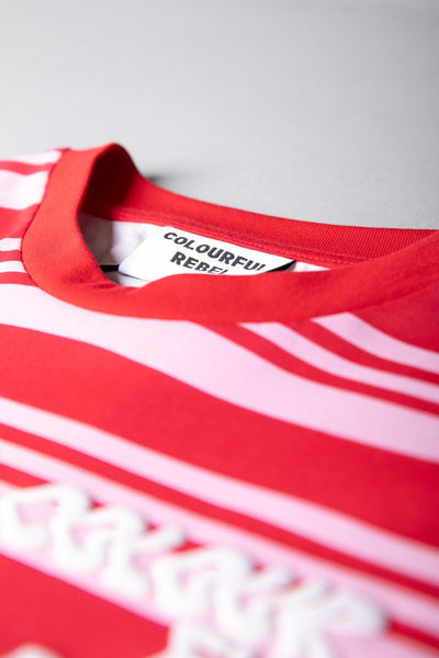 Colourful Rebel Puff Logo Stripe Loosefit Tee | Fresh pink 