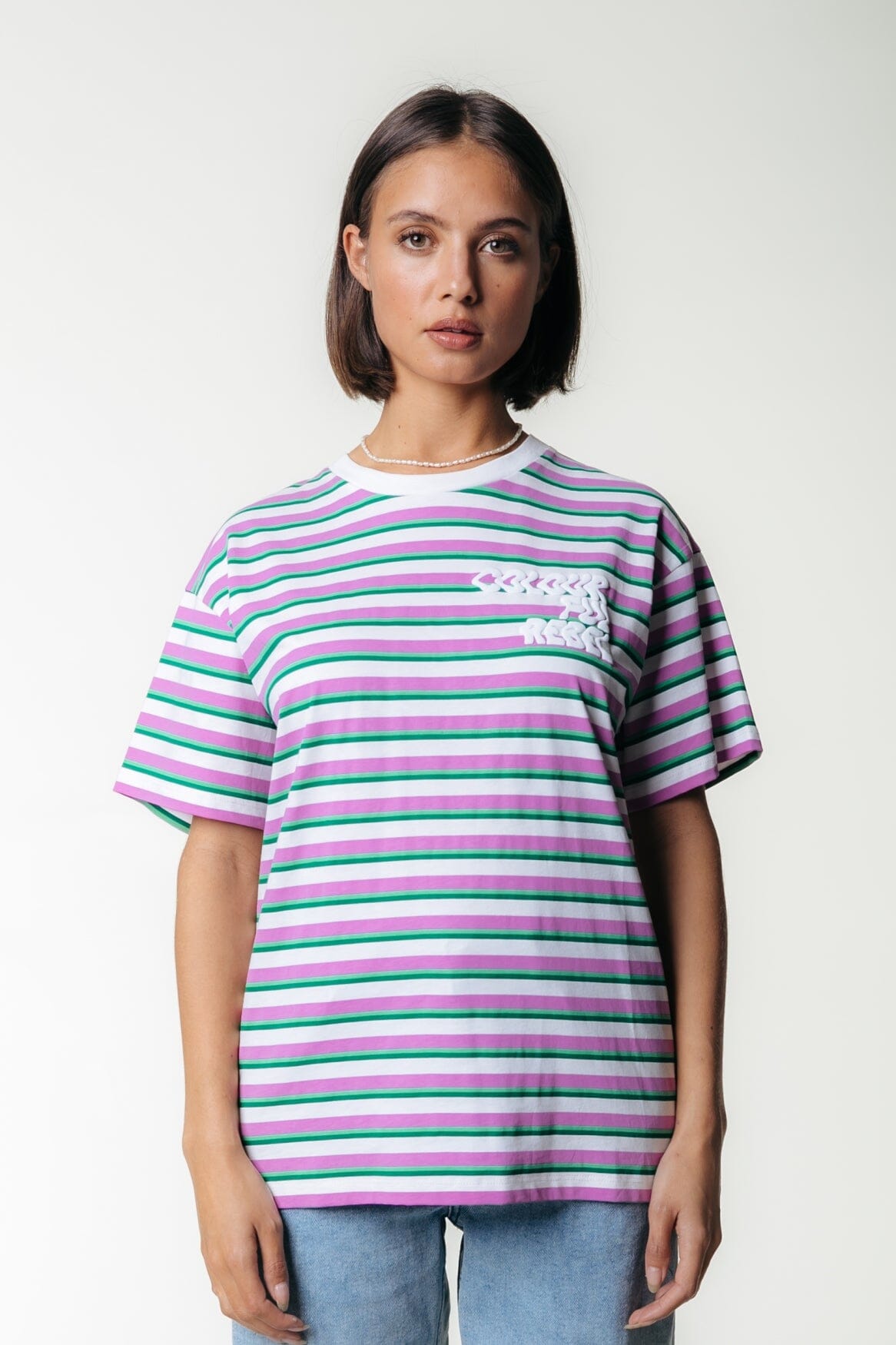 Colourful Rebel Puff Logo Stripe Loosefit Tee | Pink 