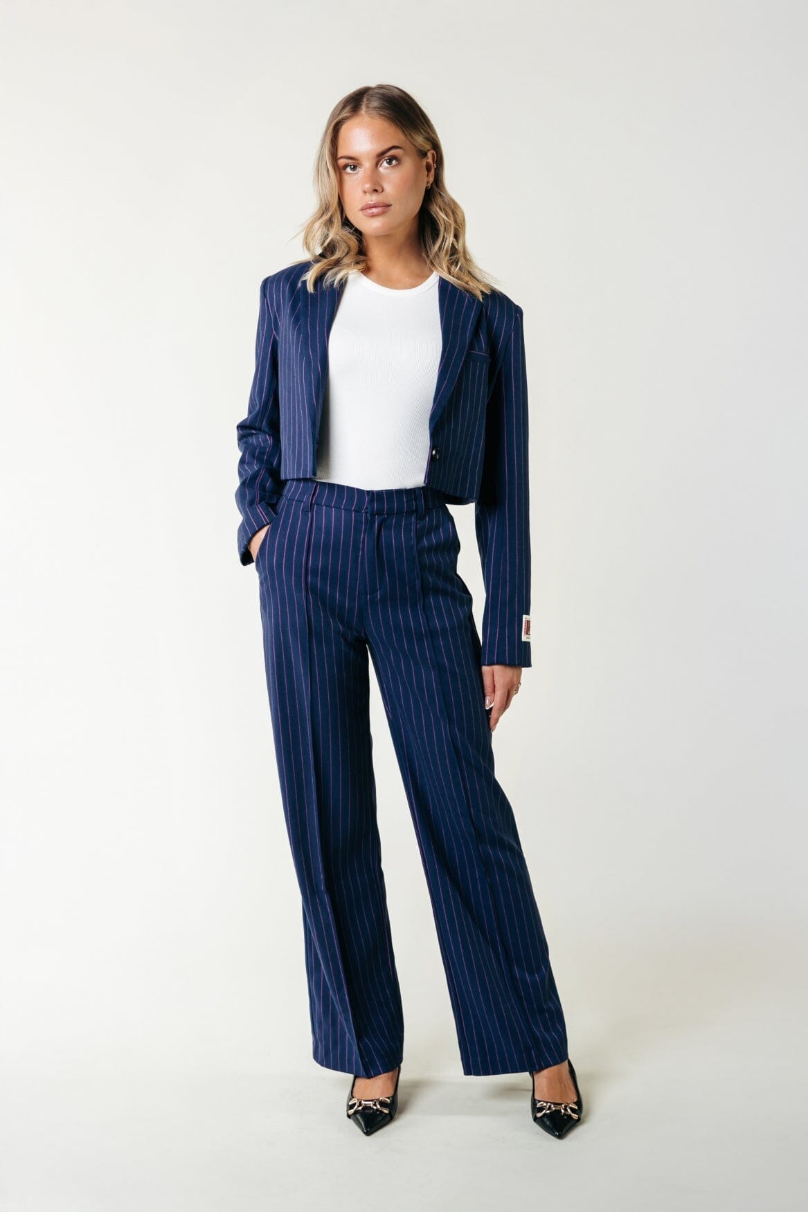 Colourful Rebel Rus Pinstripe Pintuck Straight Pants | Dark blue 8720867054245