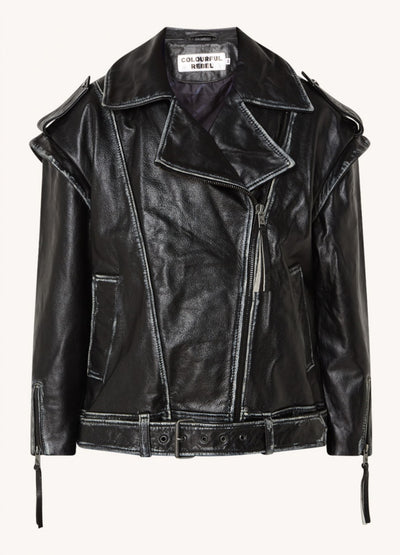 Colourful Rebel Saige Leather Biker Jacket | Black 