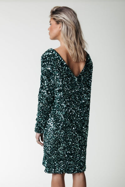 Colourful Rebel Tina Sequins Straight Dress LS | Scarab green 