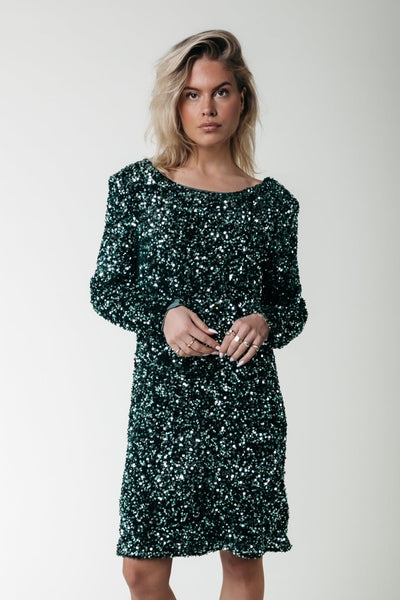 Colourful Rebel Tina Sequins Straight Dress LS | Scarab green 8720867046226