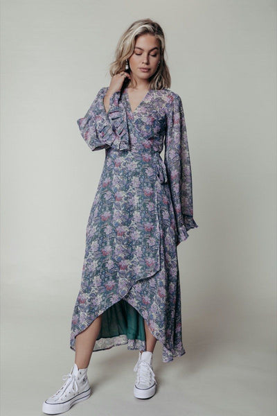 Colourful Rebel Alice Faded Flower Maxi Wrap Dress | Dark mint 1112088708903