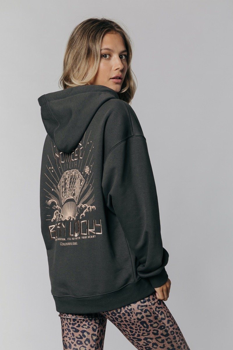 Colourful Rebel Born Lucky Embro Oversized Hoodie | Anthracite 1110176730058