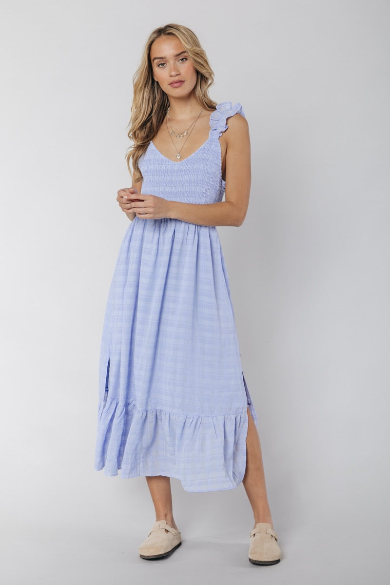 Colourful Rebel Channa Check Texture Slit Maxi Dress | Soft blue 8720603217866