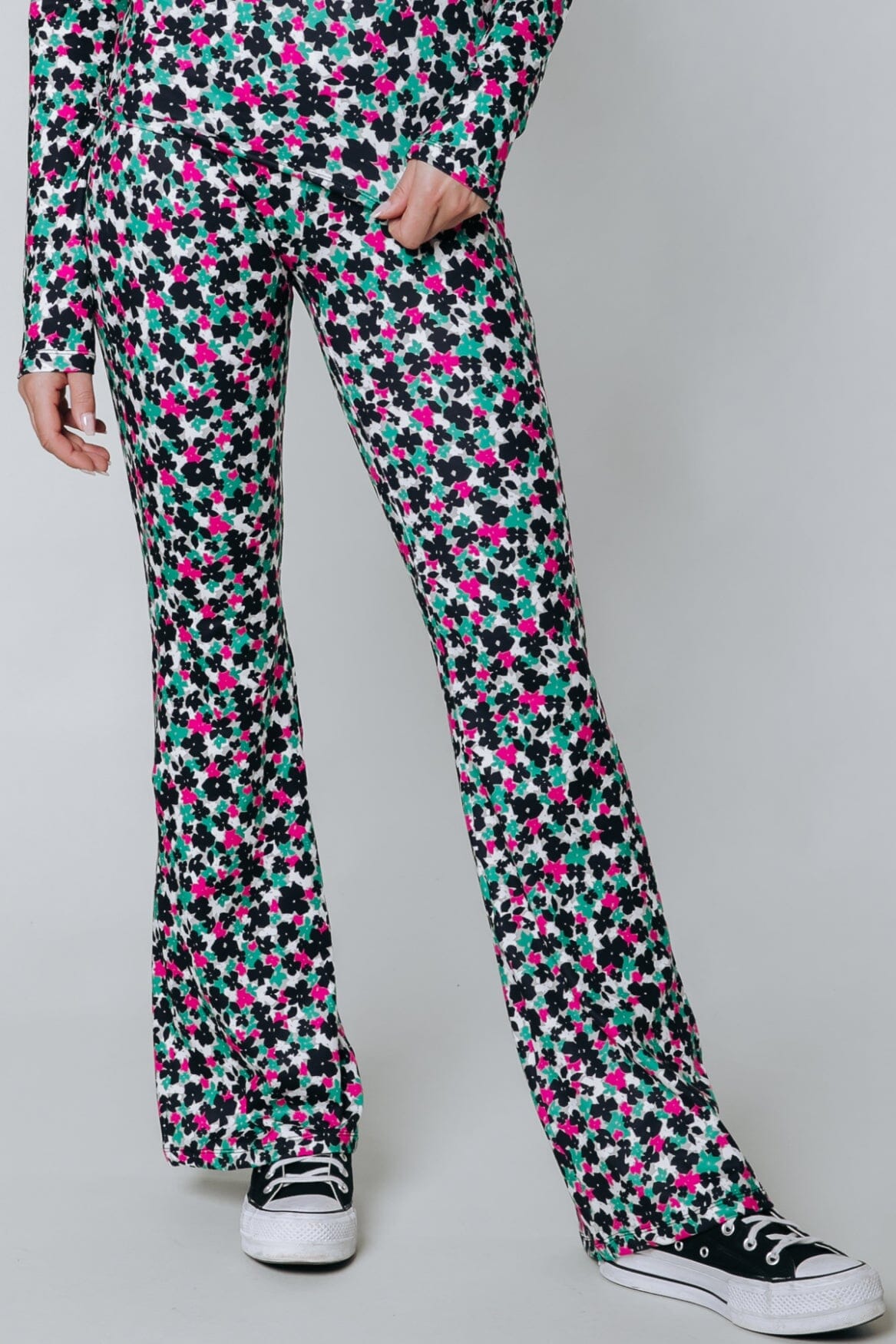 Colourful Rebel Cute Flower Peached Extra Flare Pants | Multicolor