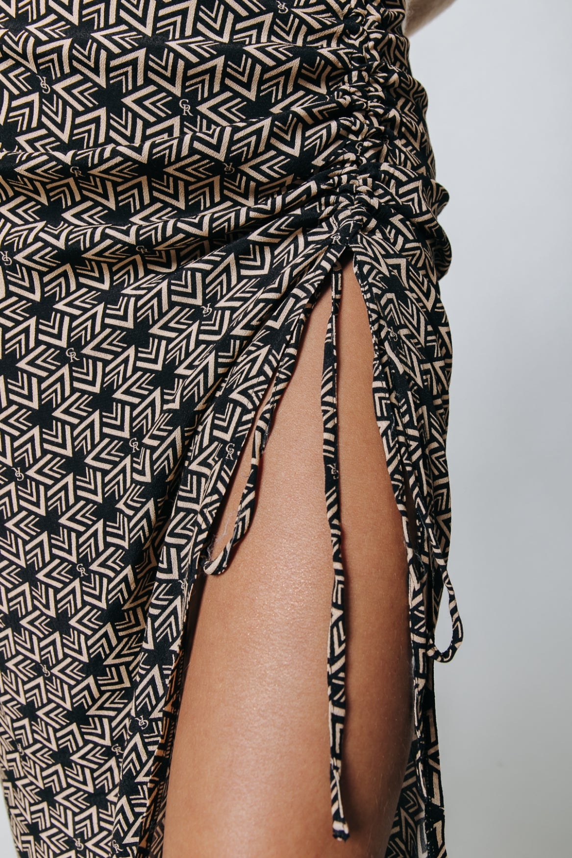 Colourful Rebel Dinah CR Geometric Midi Drawcord Skirt | Sand 