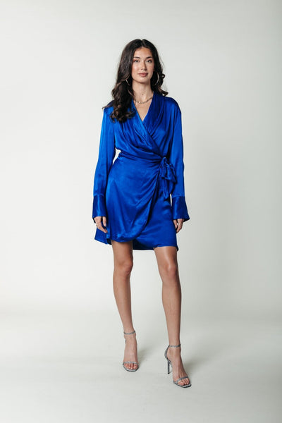 Colourful Rebel Dorin Uni Satin Mini Wrap Dress | Vibrant Blue 8720867013723