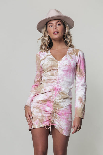 Colourful Rebel Gina Tie Dye Mini Gathering Dress | Medium pink 1110773263430