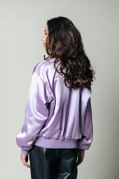 Colourful Rebel Hallie Patch Satin Bomber Jacket | Lilac
