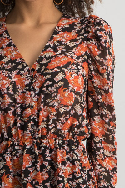 Colourful Rebel Ivy Paisley Flower Mini Layer V-neck Dress | Warm orange 
