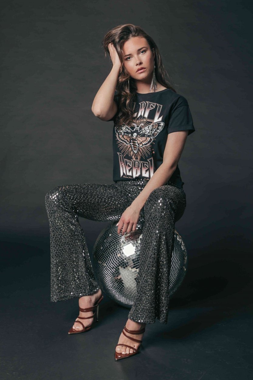 Colourful Rebel Jolie Geo Lurex Flare Pants | Metallic silver 1113457030045