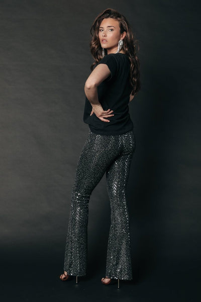 Colourful Rebel Jolie Geo Lurex Flare Pants | Metallic silver 