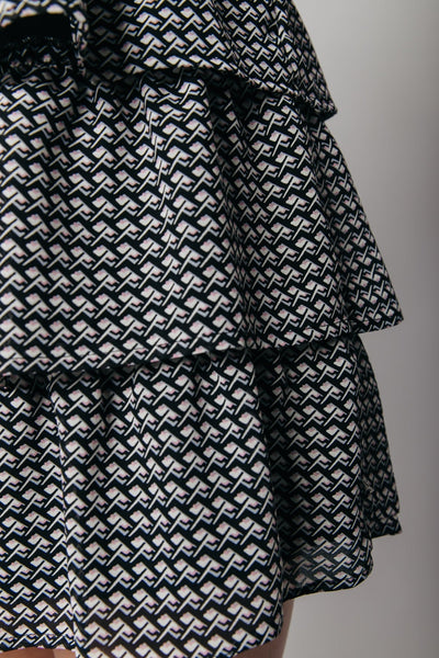 Colourful Rebel Kimi Geometric Mini Belted Ruffle Dress | Black