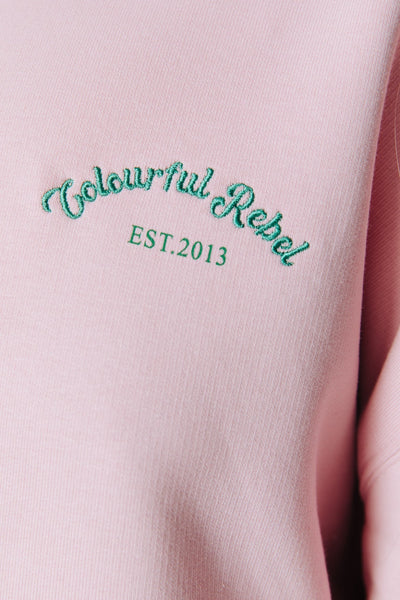 Colourful Rebel Logo Embro Cropped Raw Edge Hoodie | Soft pink
