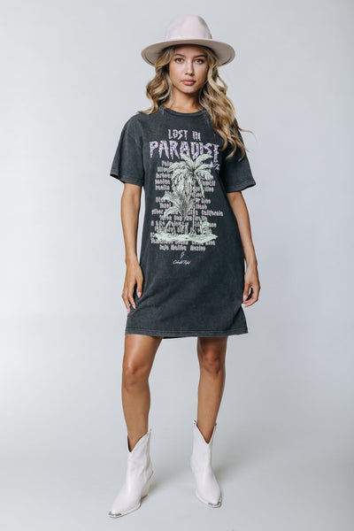 Colourful Rebel Lost In Paradise Acid Wash Tee Dress | Grey 8720603230810
