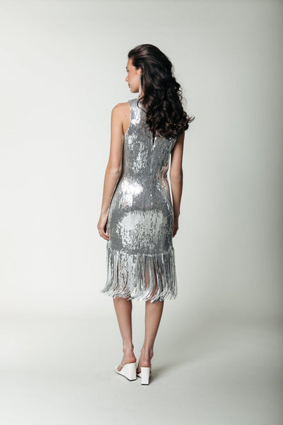 Colourful Rebel Mase Sequins Fringe Halter Dress | Metallic silver 