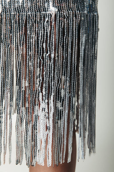 Colourful Rebel Mase Sequins Fringe Halter Dress | Metallic silver