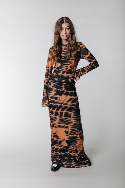 Colourful Rebel Maude Animal Mesh Maxi Dress | Mandarin Orange 8720603291750