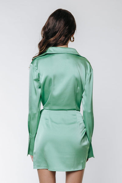 Colourful Rebel Mette Uni Satin Knotted Shirt Dress | Mint 