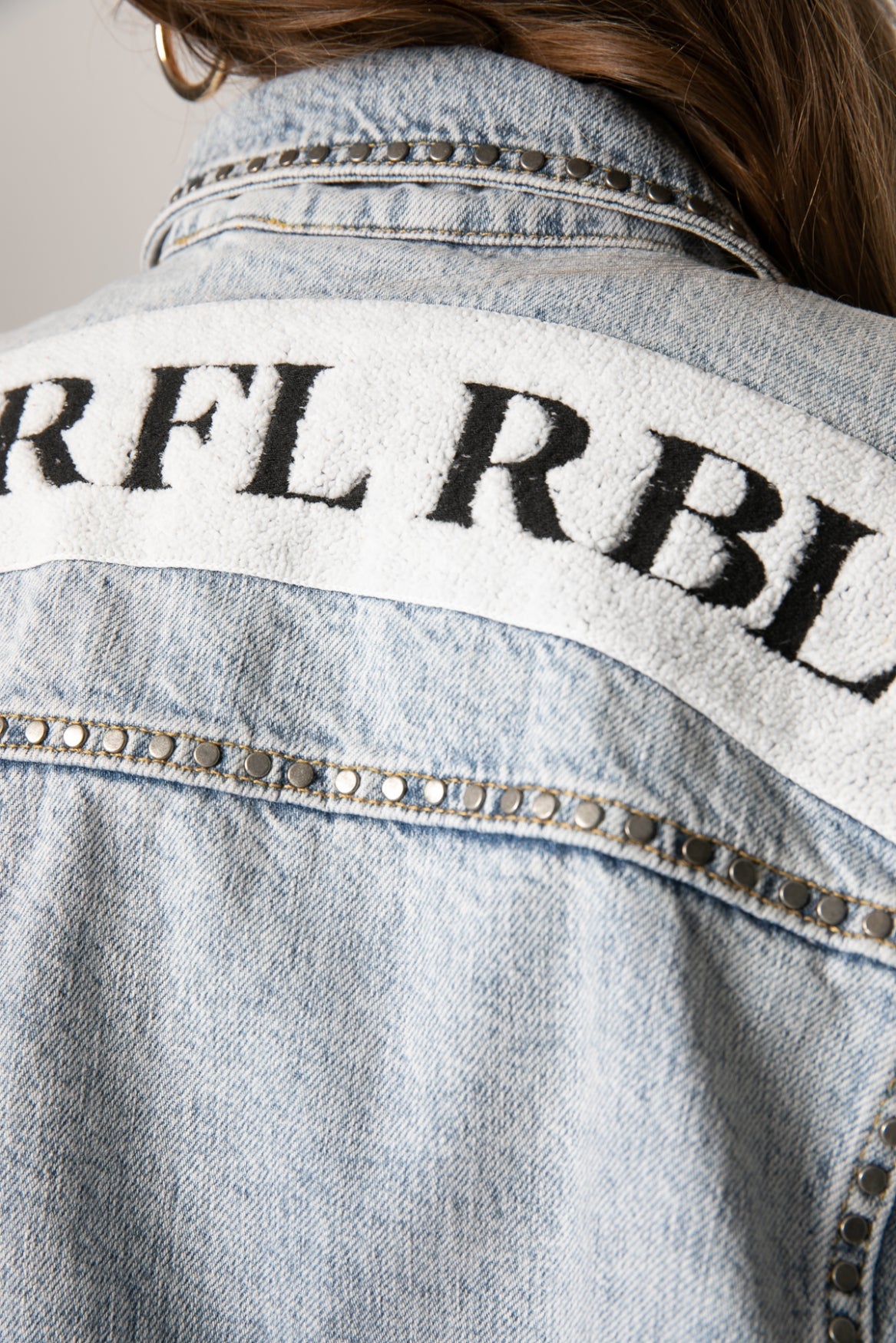 Colourful Rebel Mollie Logo Studs Denim Jacket | Mid blue denim