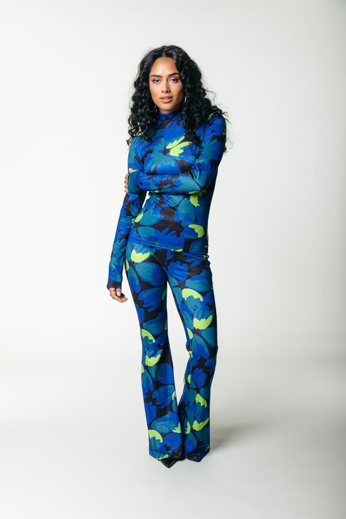 Colourful Rebel Moved Flower Peached Extra Flare Pants | Vibrant Blue 8720867013778