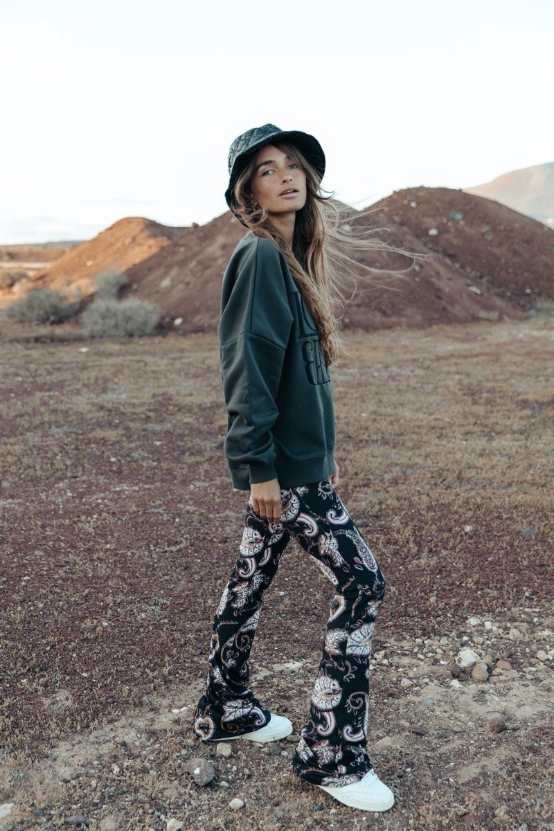 Colourful Rebel Paisley Peached Flare Pants | Black 