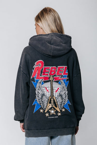 Colourful Rebel Rebel Guitar Acid Wash Oversized Hoodie | Grey 8720603251884