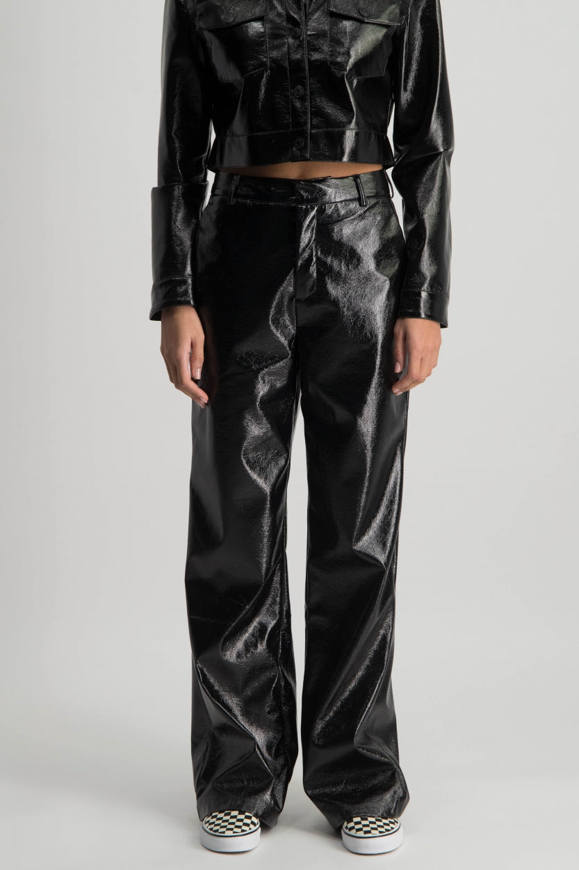 Colourful Rebel Rus Cracked Patent Vegan Leather Straight Pants | Black 