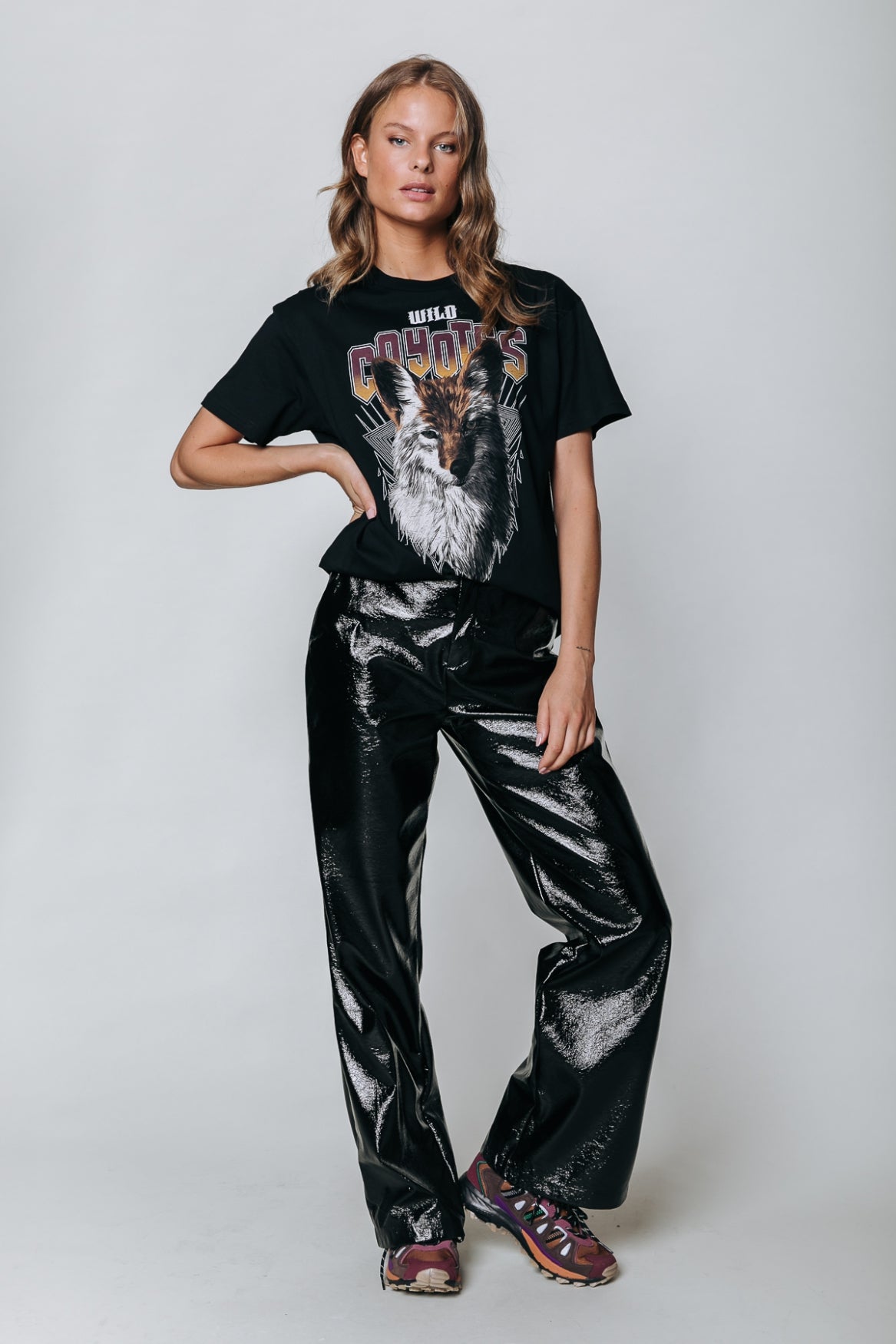Colourful Rebel Rus Cracked Patent Vegan Leather Straight Pants | Black 8720603259231