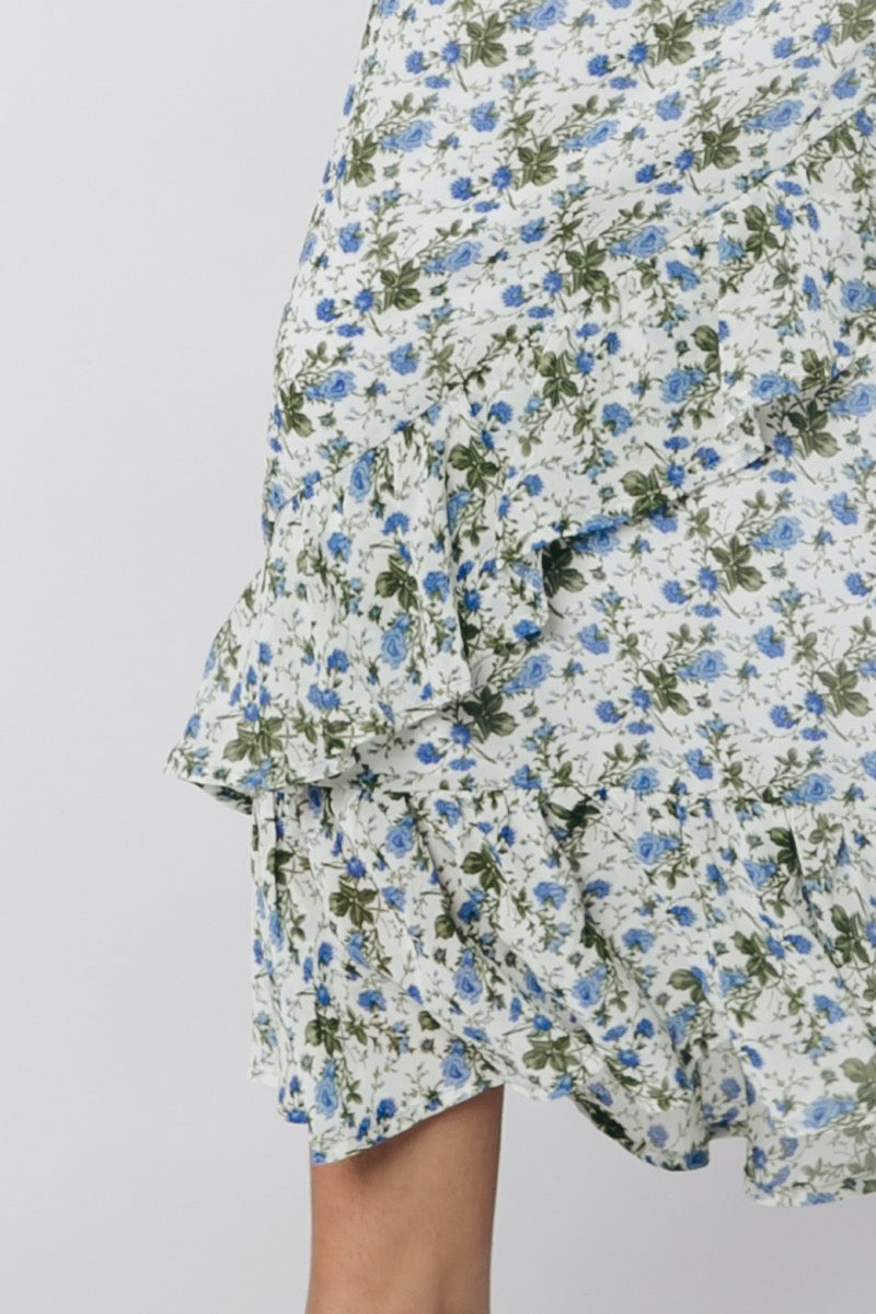 Colourful Rebel Timi Flower Ruffle Midi Skirt | Soft blue